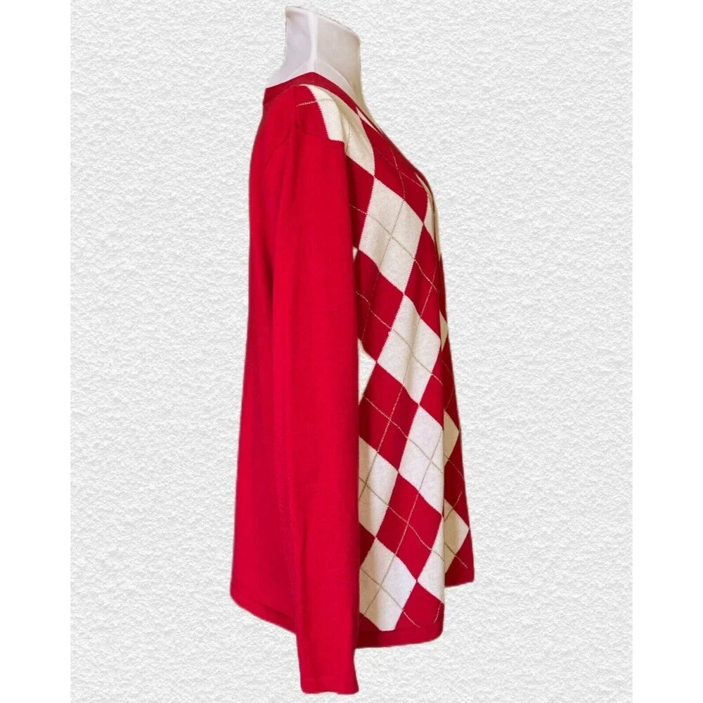 “Tommy Hilfiger” Sweater Women's Sz L Argyle Holiday Sweater Red White Metallic